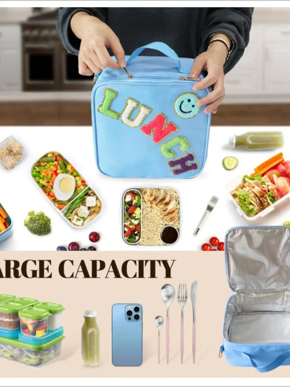 Insulated Lunch Bag With Adjustable Shoulder Strap, Girls Preppy Lunch Box